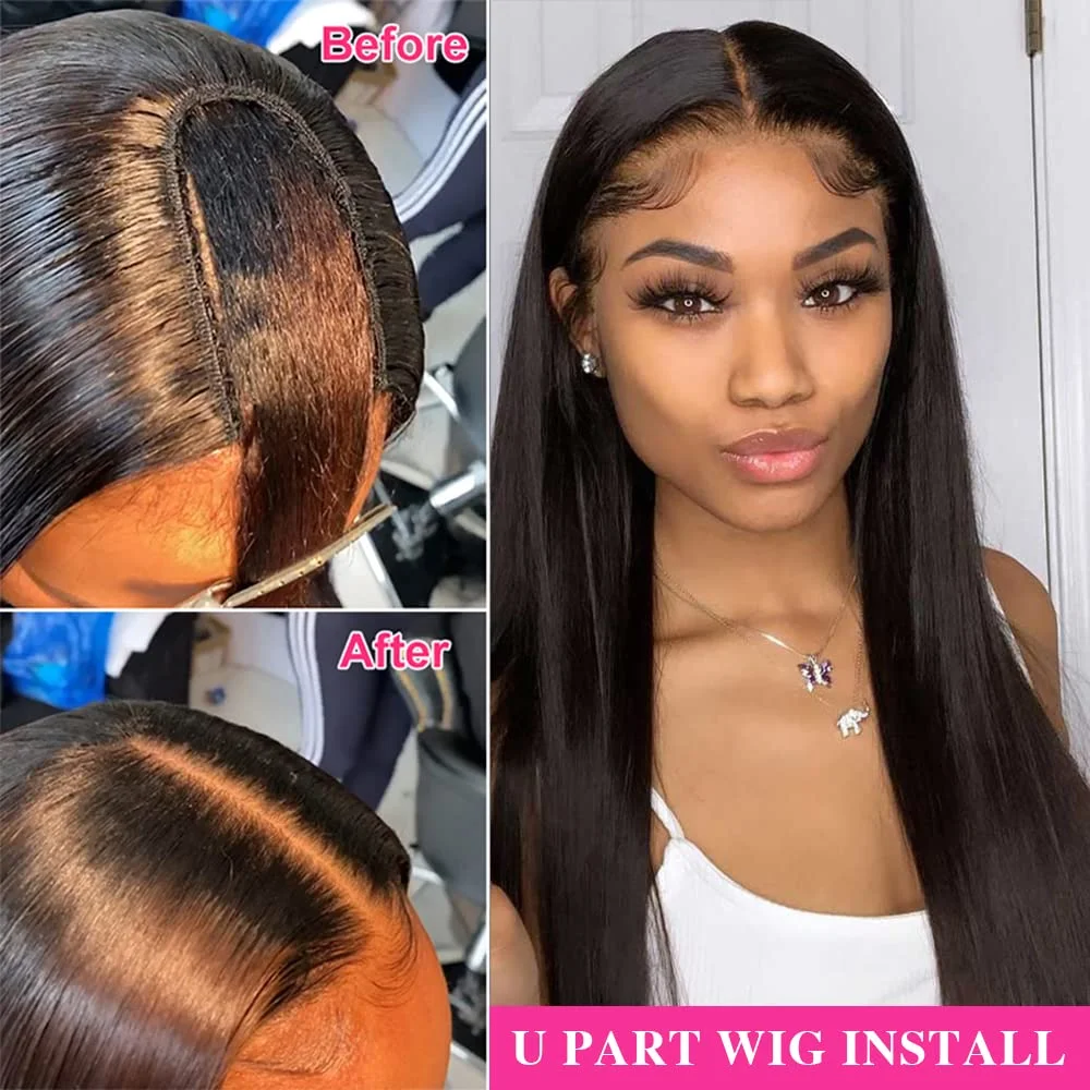 U Part Bone Straight Wig Brazilian Human Hair for Black Women Glueless