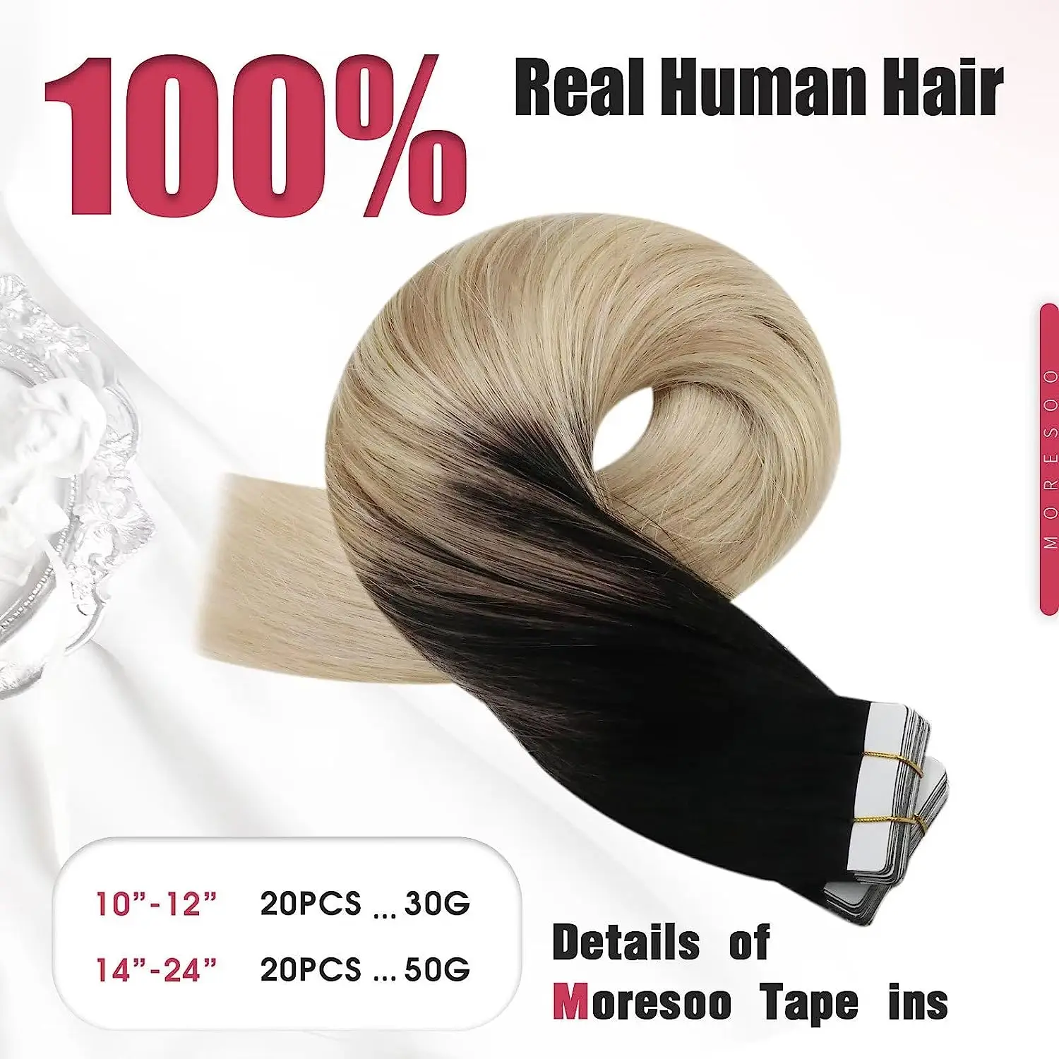 Balayage Blonde Tape-in Human Hair Extensions, Remy Hair, Natural Soft Straight Seamless Weft