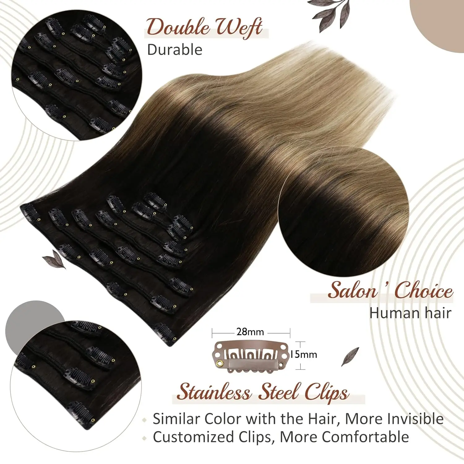 Balayage Clip-in Human Hair Extensions, Double Weft Natural Soft Hair for Women