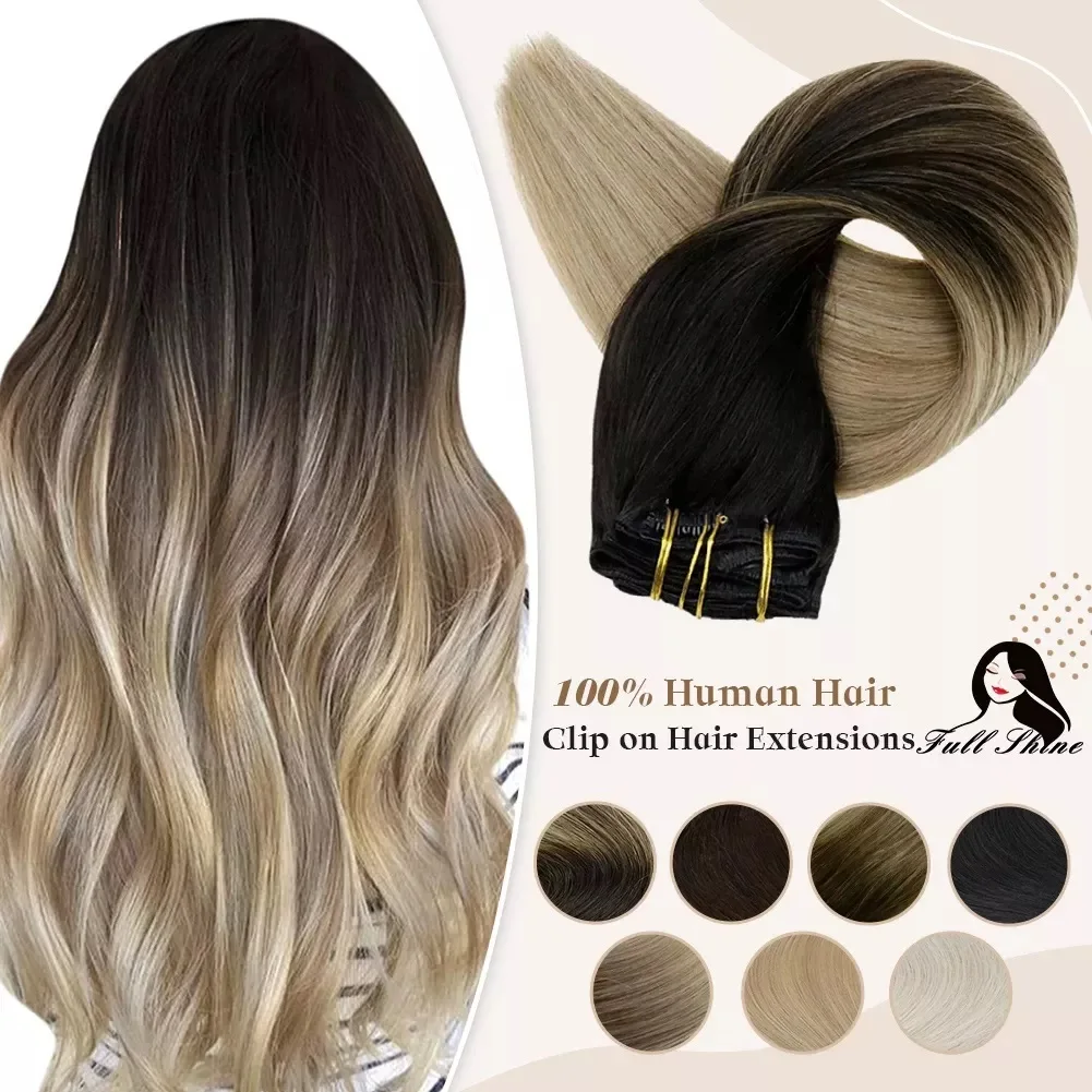 Balayage Clip-in Human Hair Extensions, Double Weft Natural Soft Hair for Women