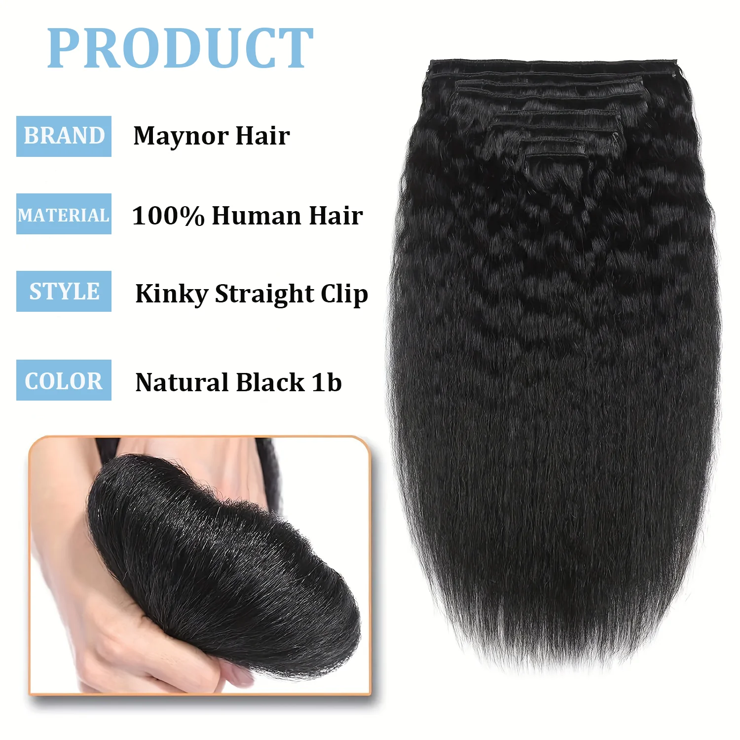 Kinky Straight Clip-in Human Hair Extensions, Natural Black, Full Head Brazilian Remy Seamless Hair