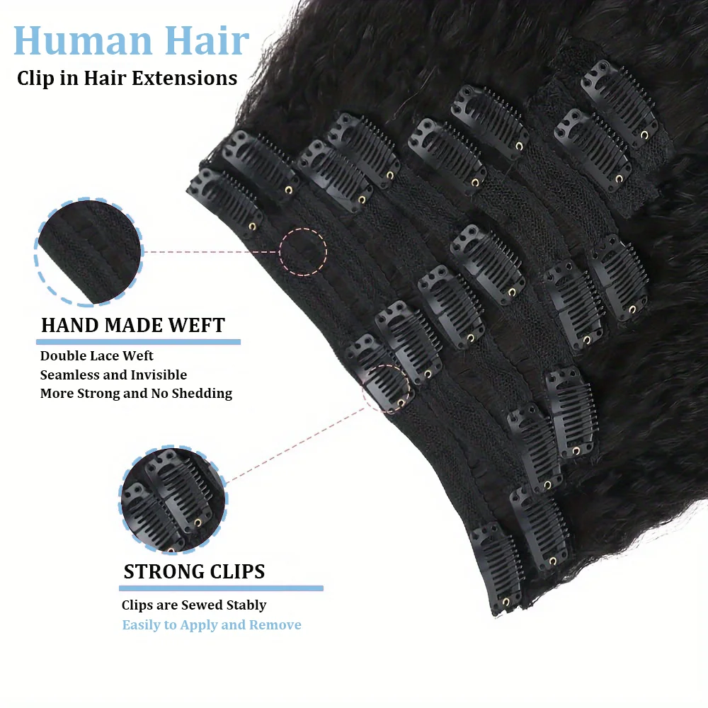 Kinky Straight Clip-in Human Hair Extensions, Natural Black, Full Head Brazilian Remy Seamless Hair