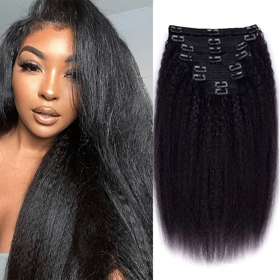 Kinky Straight Clip-in Human Hair Extensions, Natural Black, Full Head Brazilian Remy Seamless Hair