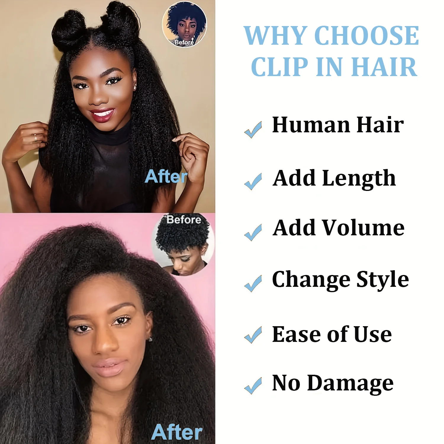 Kinky Straight Clip-in Human Hair Extensions, Natural Black, Full Head Brazilian Remy Seamless Hair