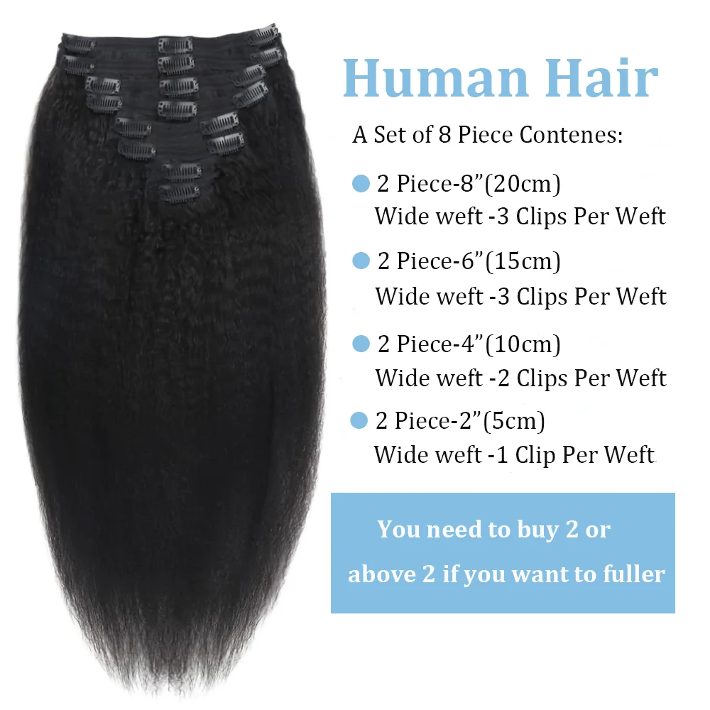 Kinky Straight Clip-in Human Hair Extensions, Natural Black, Full Head Brazilian Remy Seamless Hair