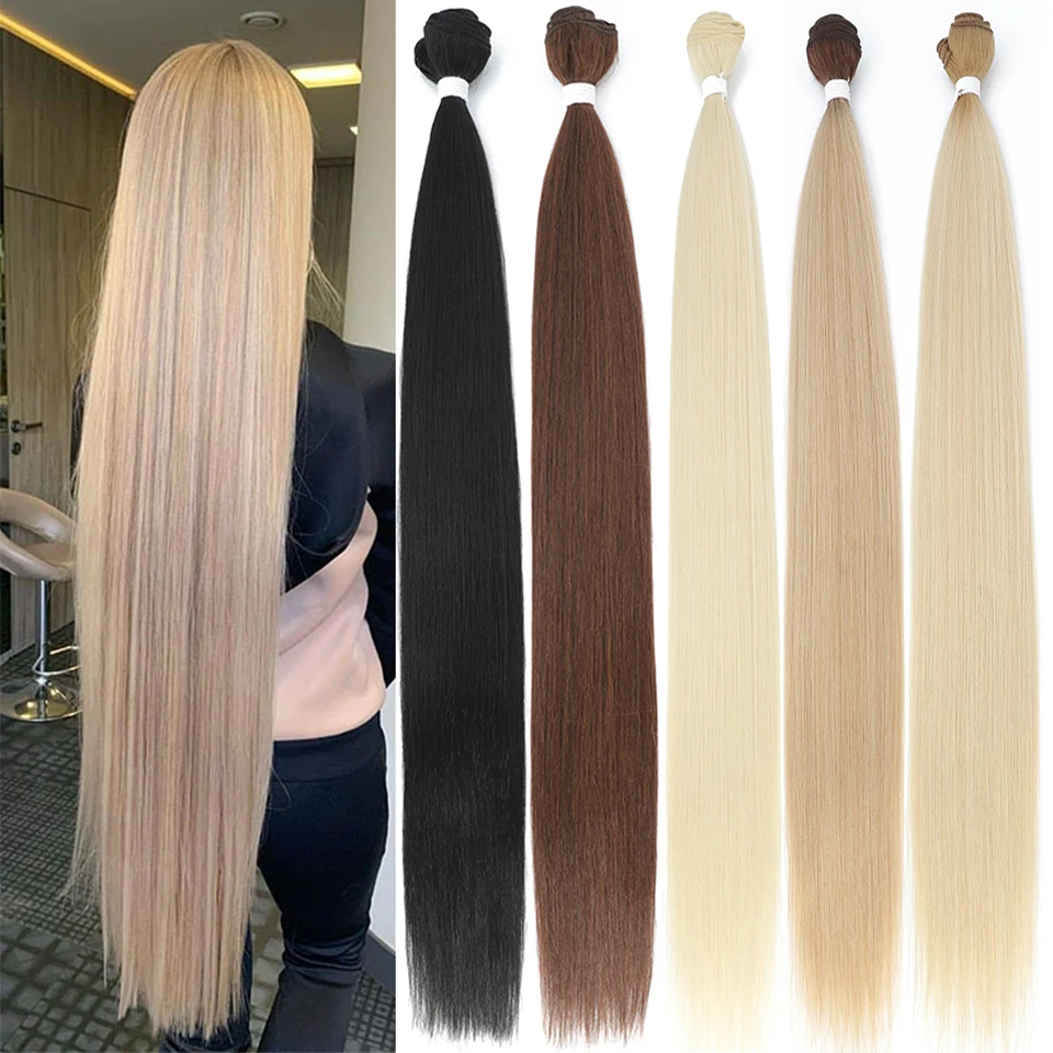 Bone Straight Synthetic Hair Extensions, Long Yaki Weaving, Full to End Natural Look