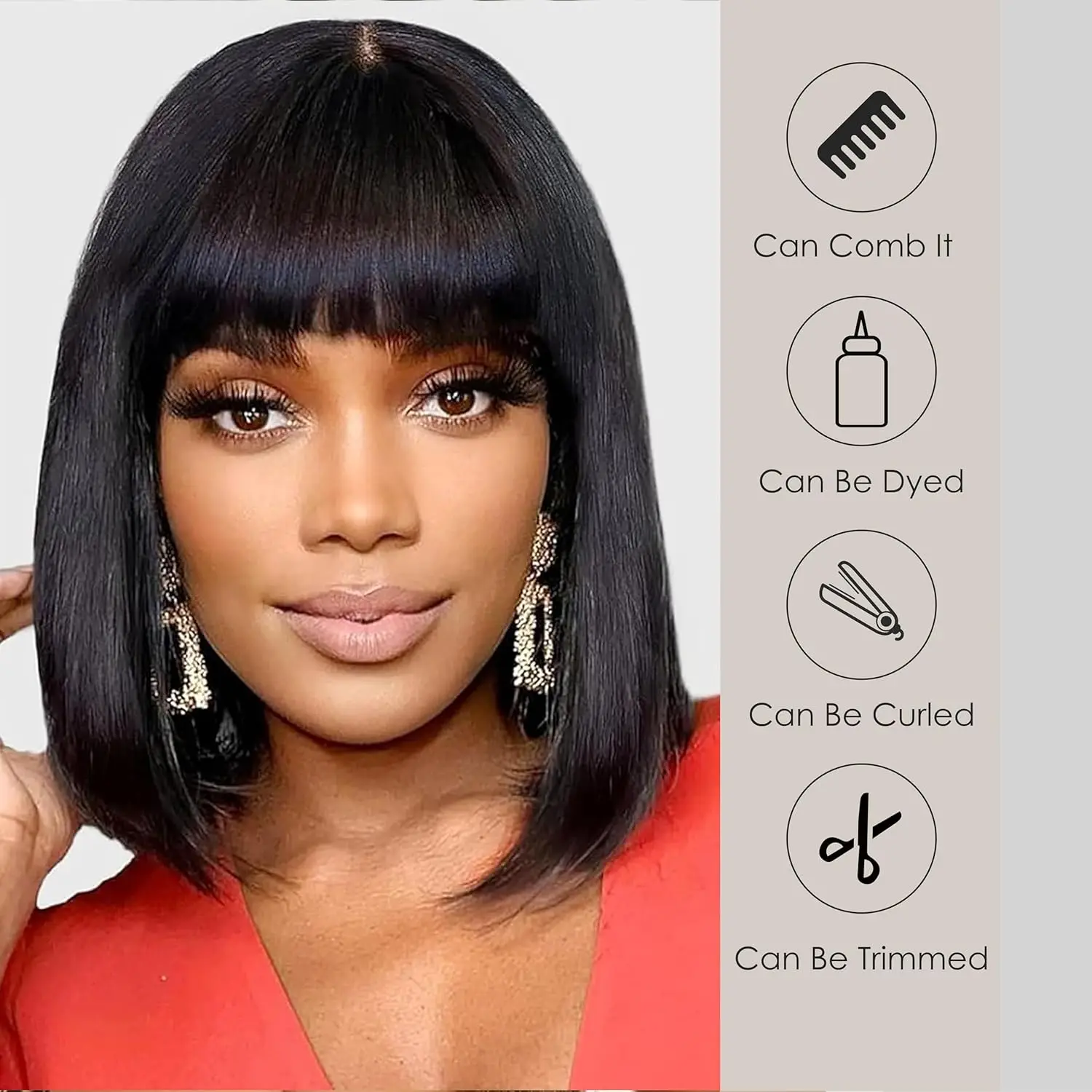 Human Hair Yaki Straight Bob with Bangs Natural Black Brown Highlight Lace Wig