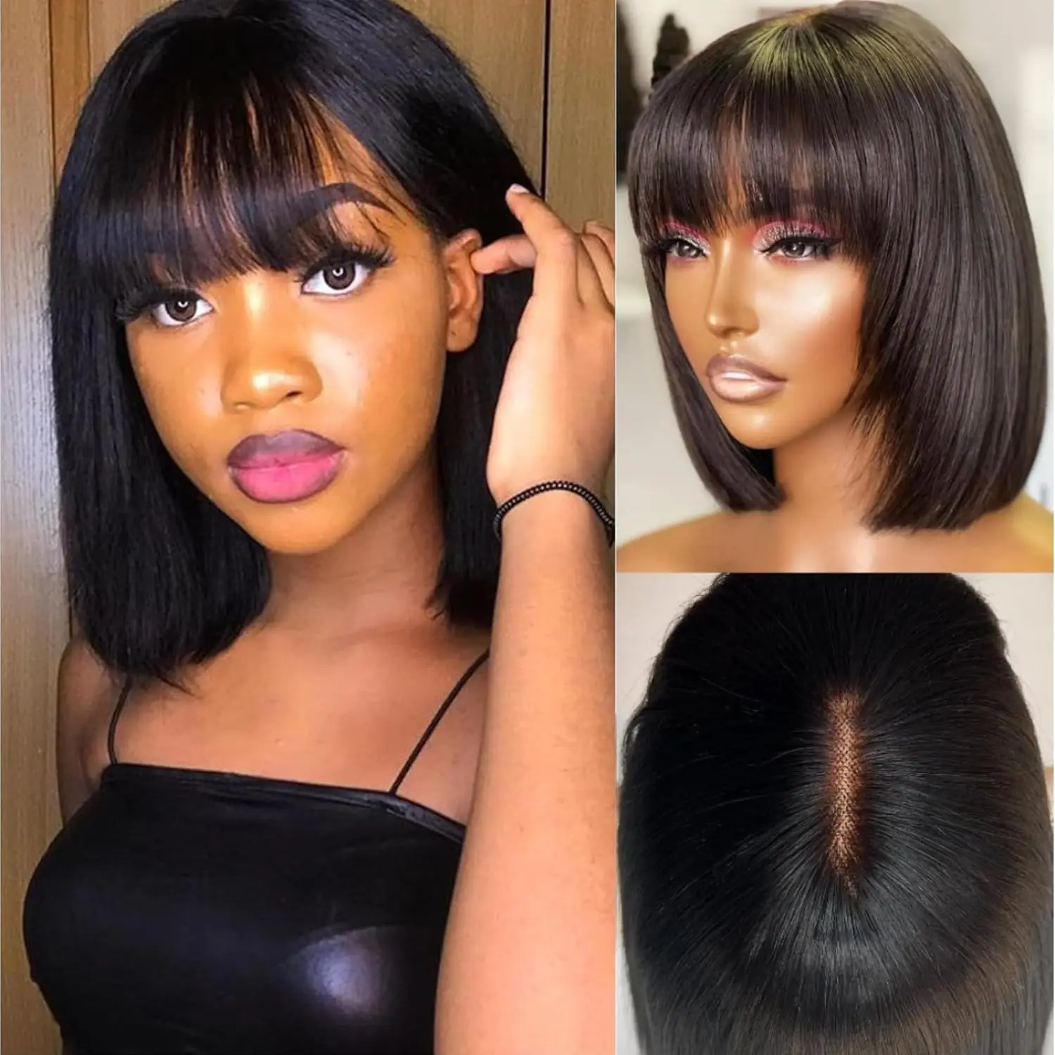 Human Hair Yaki Straight Bob with Bangs Natural Black Brown Highlight Lace Wig