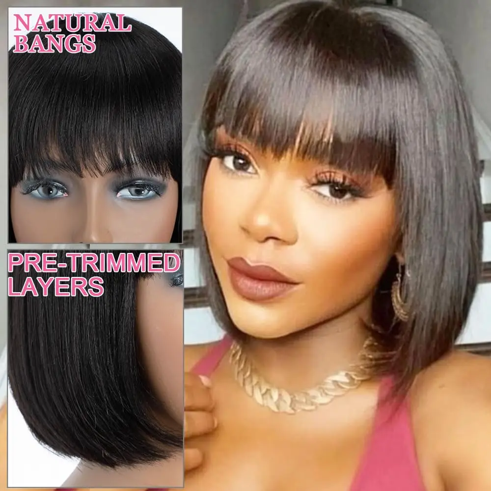 Human Hair Yaki Straight Bob with Bangs Natural Black Brown Highlight Lace Wig