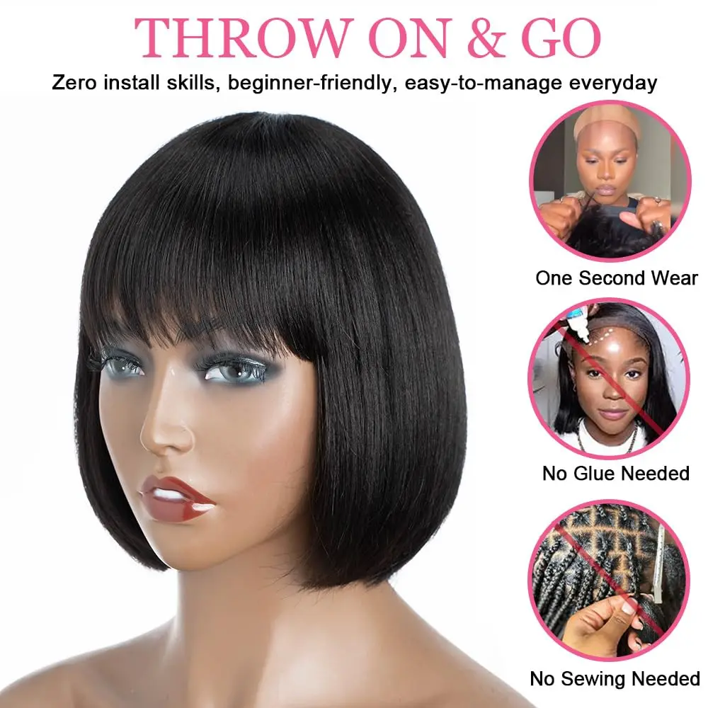 Human Hair Yaki Straight Bob with Bangs Natural Black Brown Highlight Lace Wig