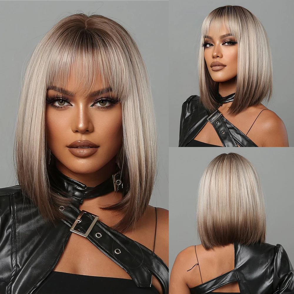 Short Straight Synthetic Ombre Bob Wigs with Bangs Blonde to Brown for Women