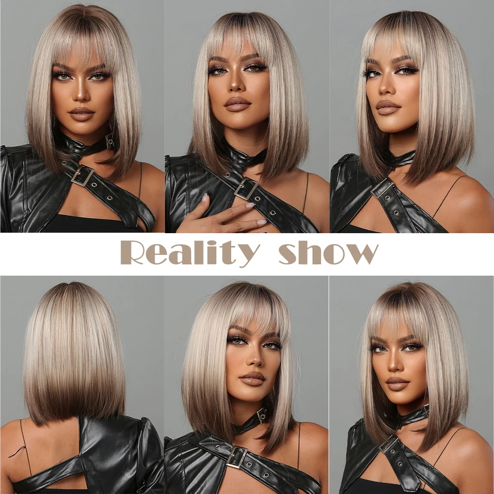 Short Straight Synthetic Ombre Bob Wigs with Bangs Blonde to Brown for Women
