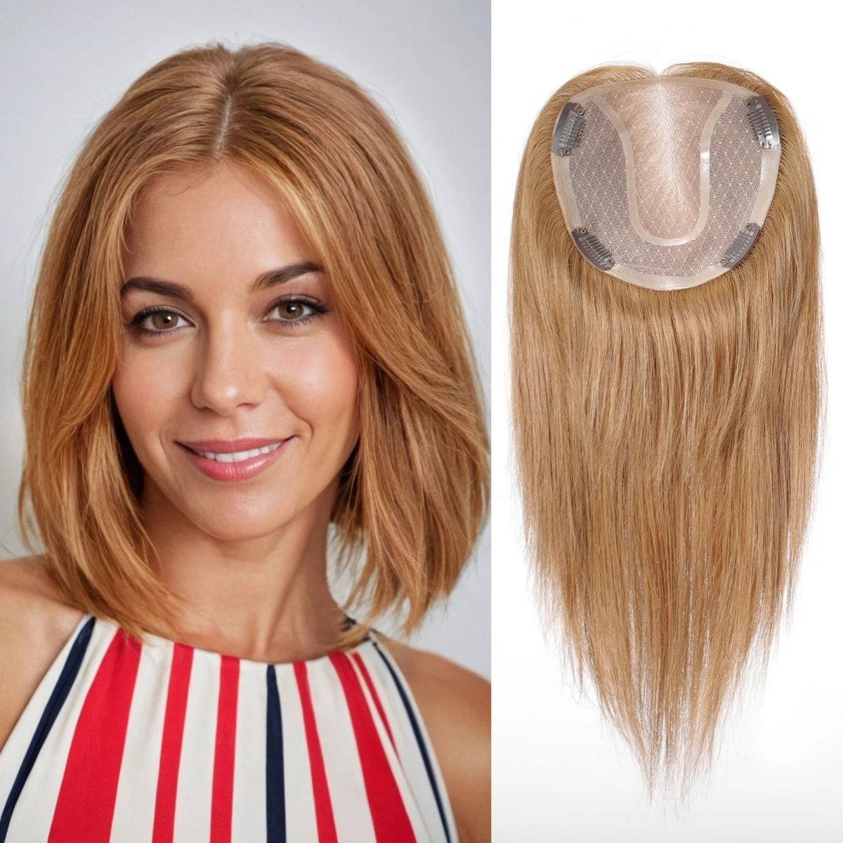 Human Hair Toppers with Mono Lace Base Natural Brown Clip-In Hair Pieces for Women