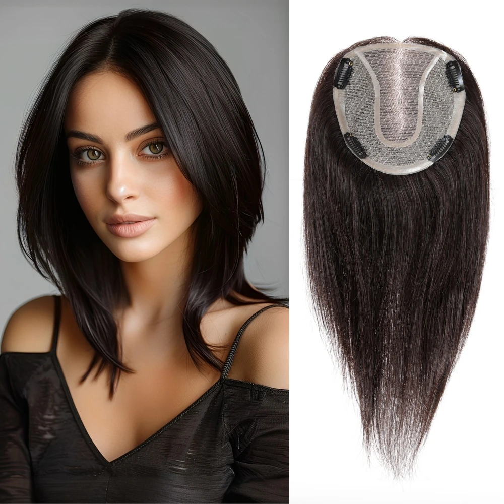 Human Hair Toppers with Mono Lace Base Natural Brown Clip-In Hair Pieces for Women