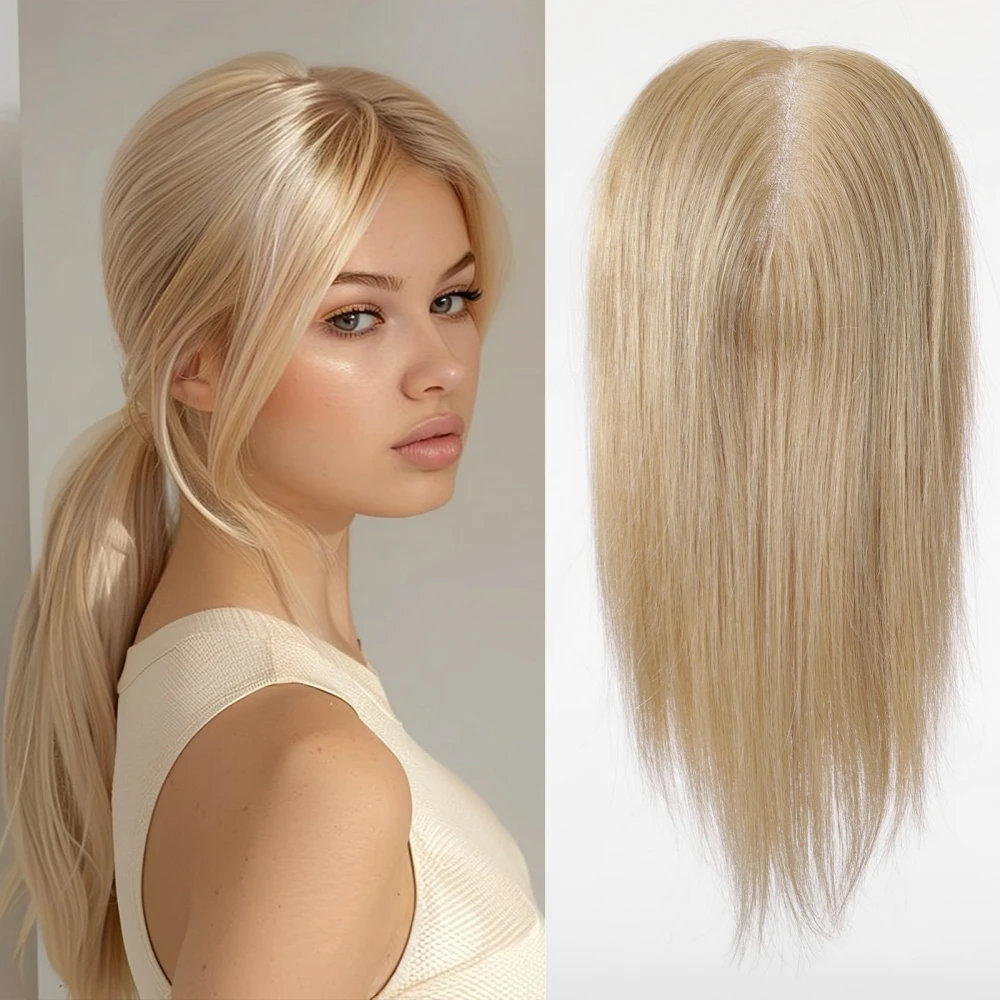 Human Hair Toppers with Mono Lace Base Natural Brown Clip-In Hair Pieces for Women