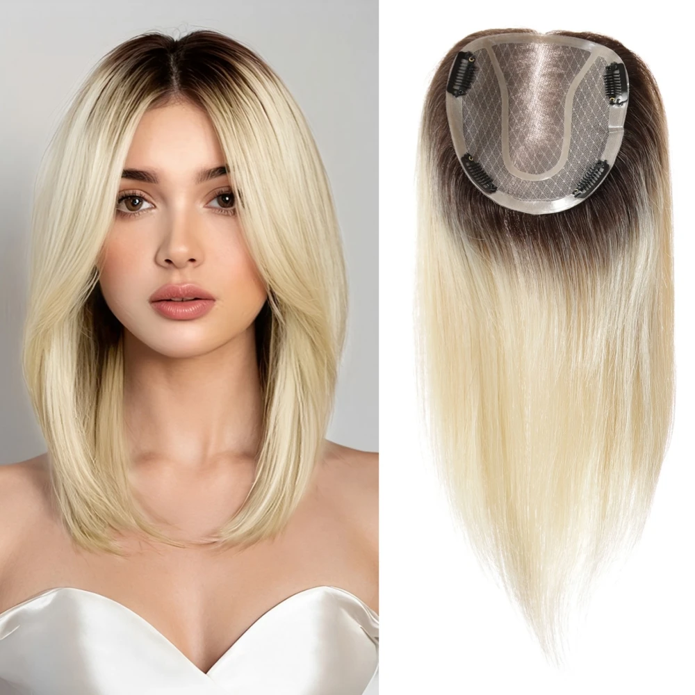 Human Hair Toppers with Mono Lace Base Natural Brown Clip-In Hair Pieces for Women