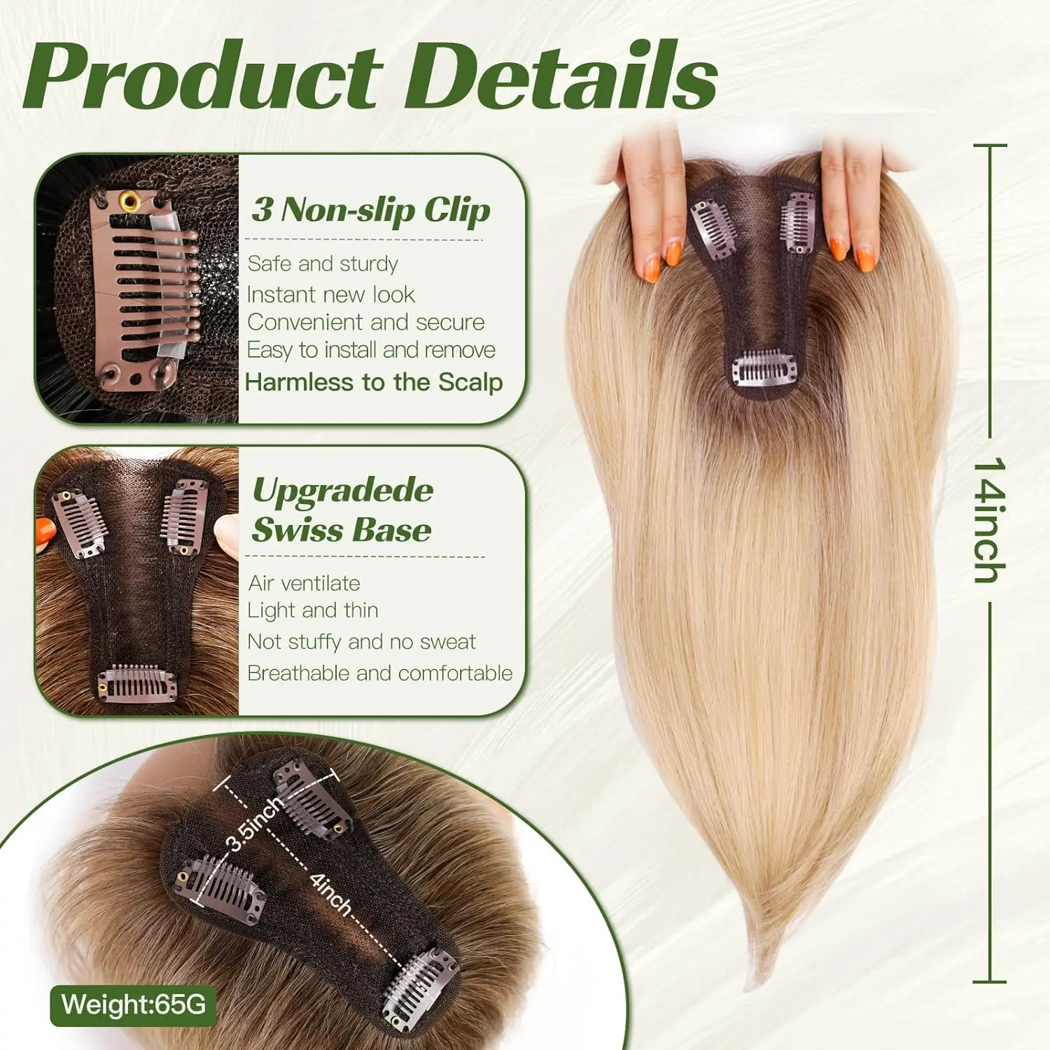 Ombre Blonde Layered Hair Topper with Bangs Synthetic Swiss Base Clip-In for Women