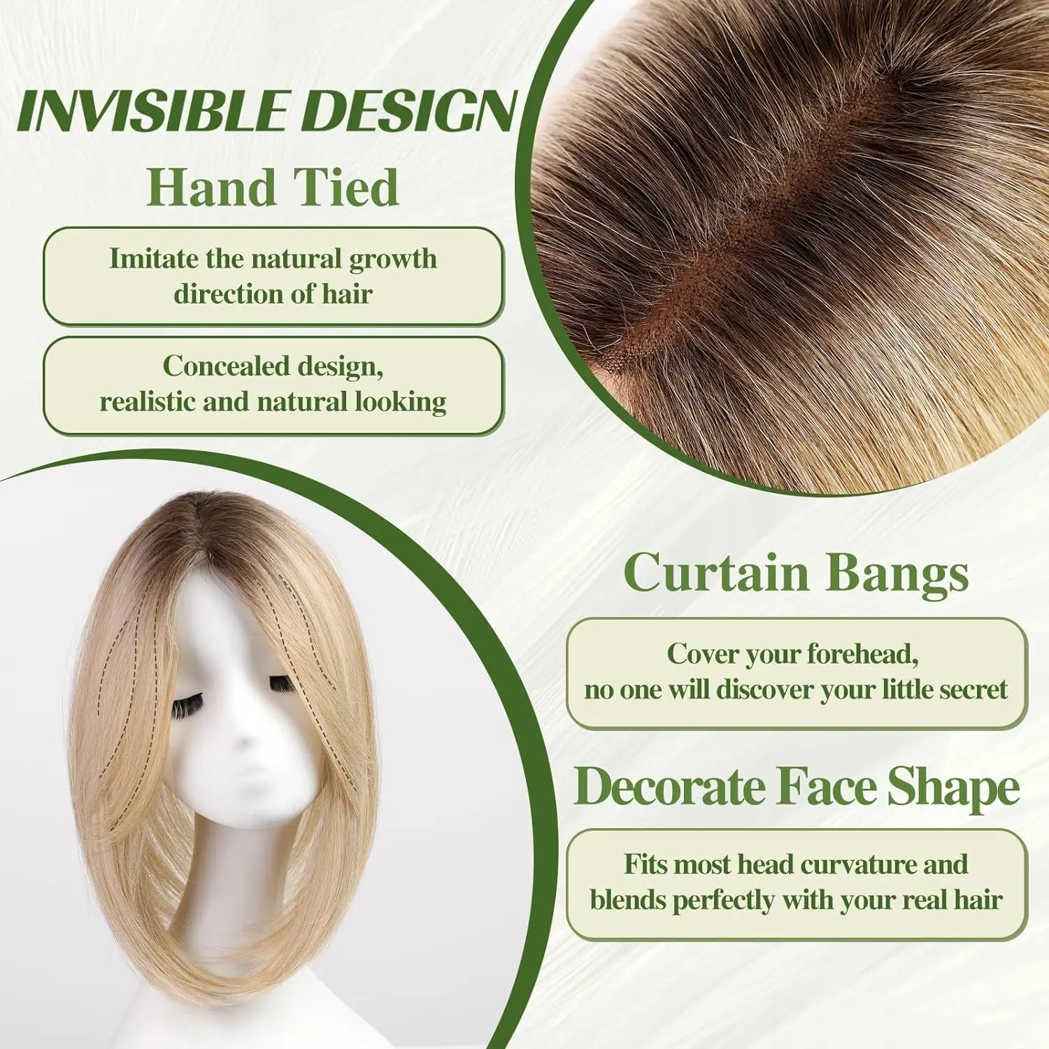 Ombre Blonde Layered Hair Topper with Bangs Synthetic Swiss Base Clip-In for Women