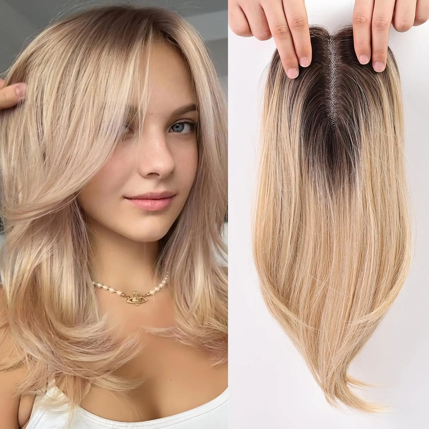 Ombre Blonde Layered Hair Topper with Bangs Synthetic Swiss Base Clip-In for Women