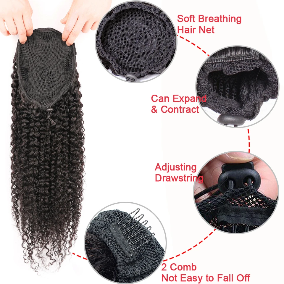 Kinky Curly Drawstring Ponytail Remy Human Hair Brazilian Afro Clip-In Extensions for Women