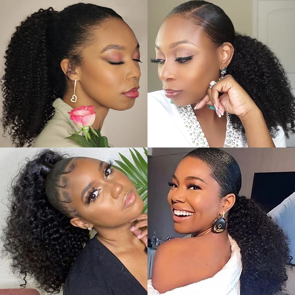 Kinky Curly Drawstring Ponytail Remy Human Hair Brazilian Afro Clip-In Extensions for Women