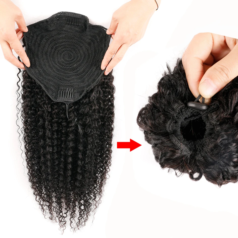 Kinky Curly Drawstring Ponytail Remy Human Hair Brazilian Afro Clip-In Extensions for Women