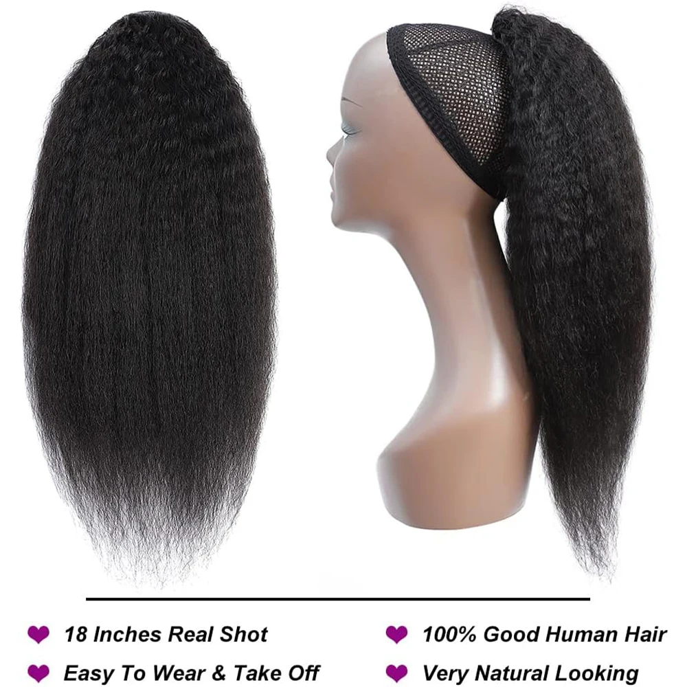 Kinky Straight Human Hair Wrap Around Drawstring Ponytail Natural Black for Women