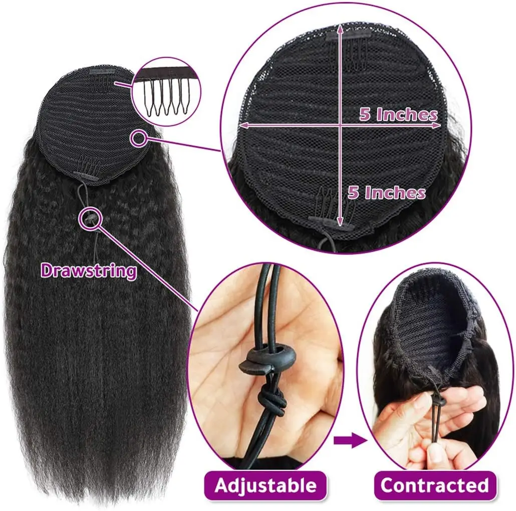 Kinky Straight Human Hair Wrap Around Drawstring Ponytail Natural Black for Women