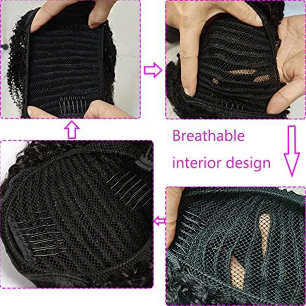 Kinky Straight Human Hair Wrap Around Drawstring Ponytail Natural Black for Women