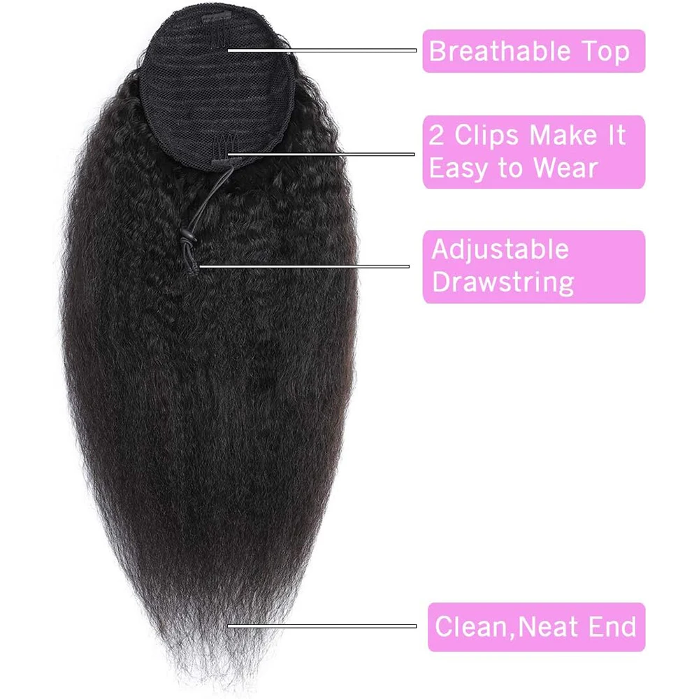 Kinky Straight Human Hair Wrap Around Drawstring Ponytail Natural Black for Women