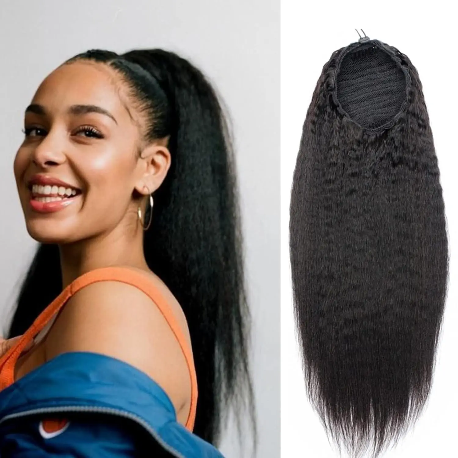Kinky Straight Human Hair Wrap Around Drawstring Ponytail Natural Black for Women