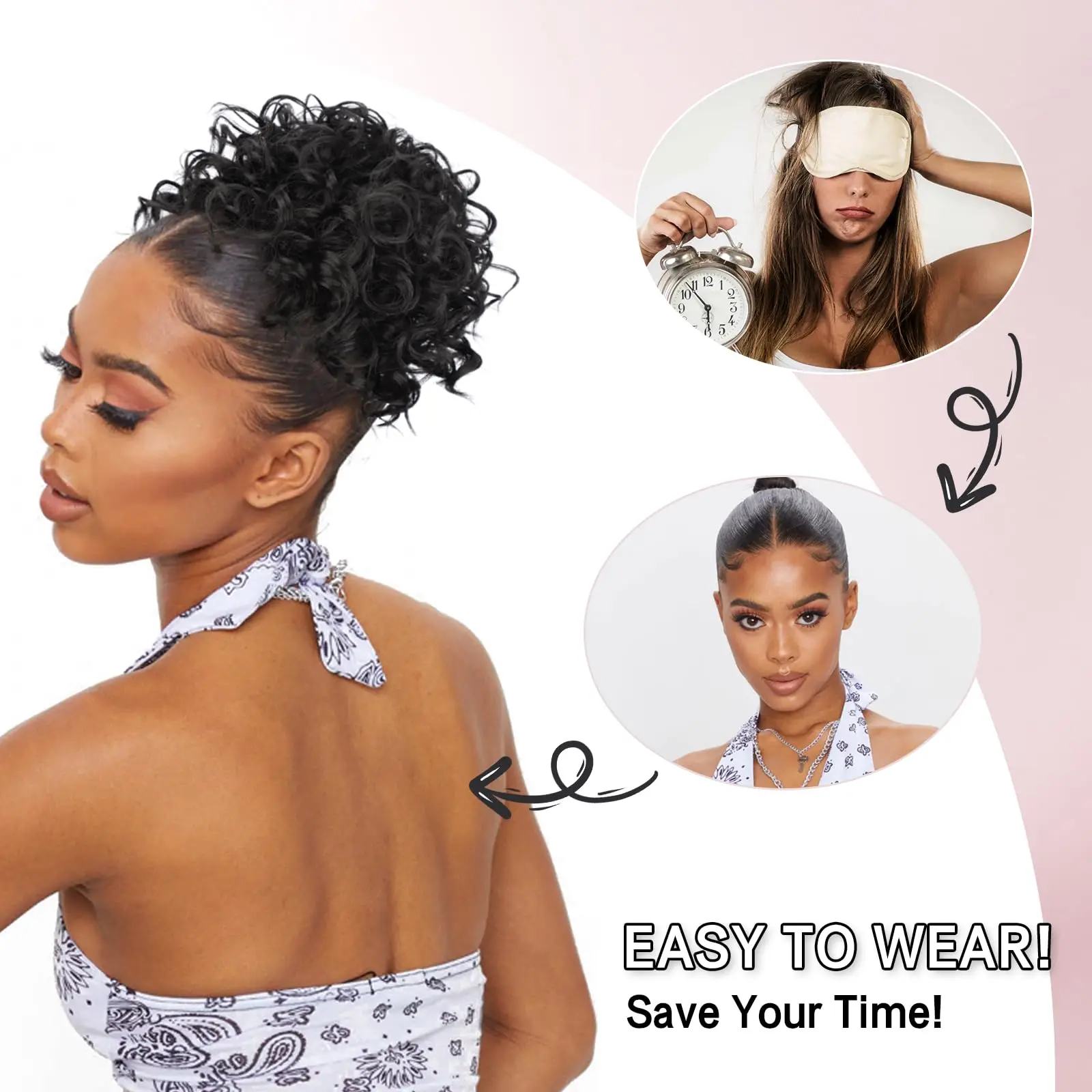 Synthetic Messy Bun Hair Piece Elastic Drawstring Loose Wave Curly Extensions for Women Dark Brown