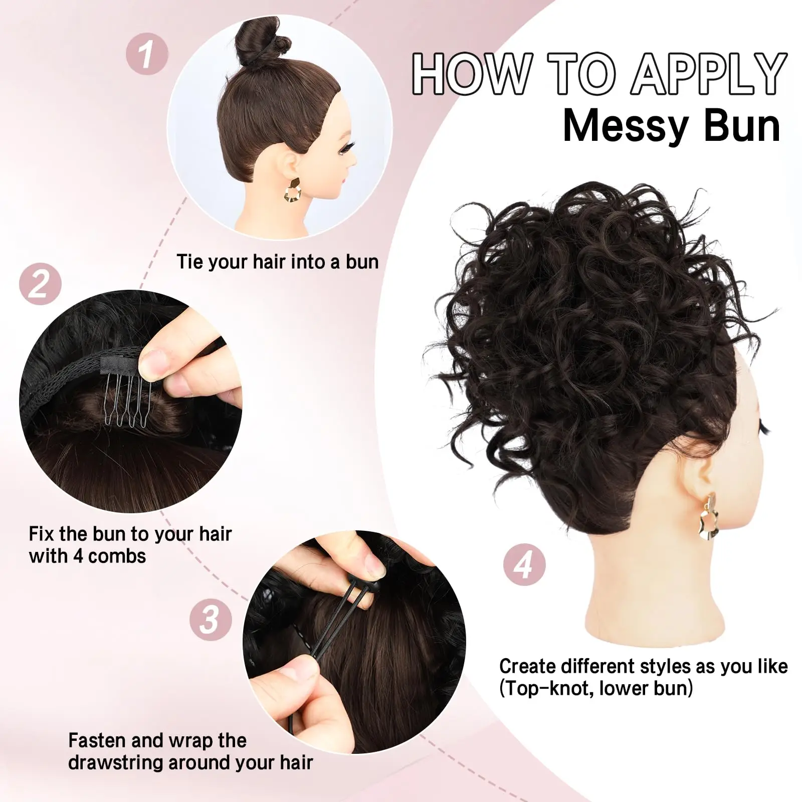 Synthetic Messy Bun Hair Piece Elastic Drawstring Loose Wave Curly Extensions for Women Dark Brown