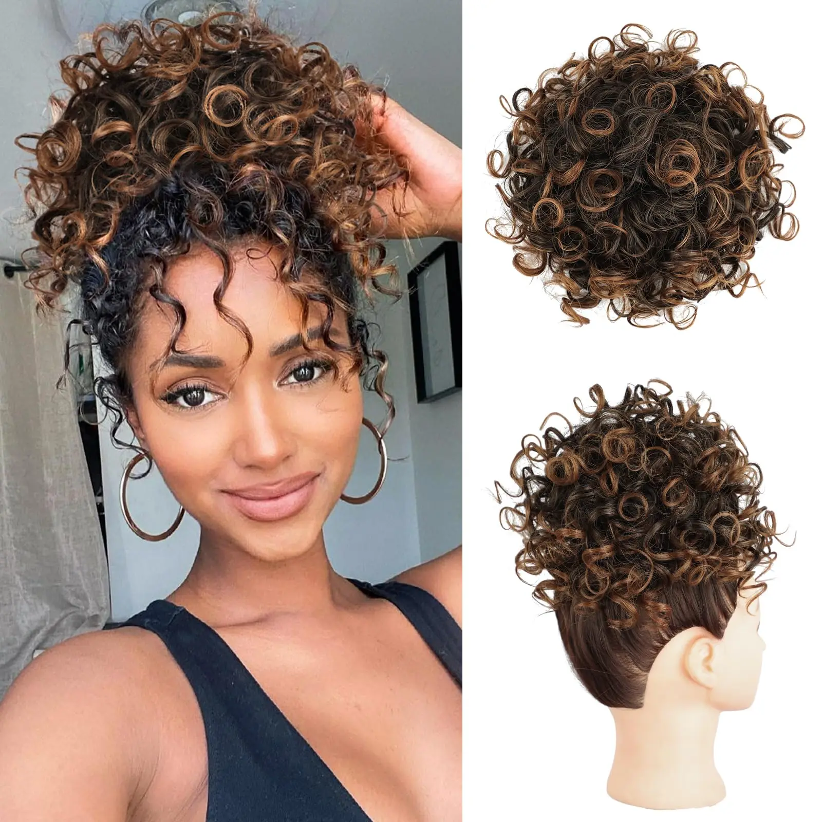 Synthetic Messy Bun Hair Piece Elastic Drawstring Loose Wave Curly Extensions for Women Dark Brown