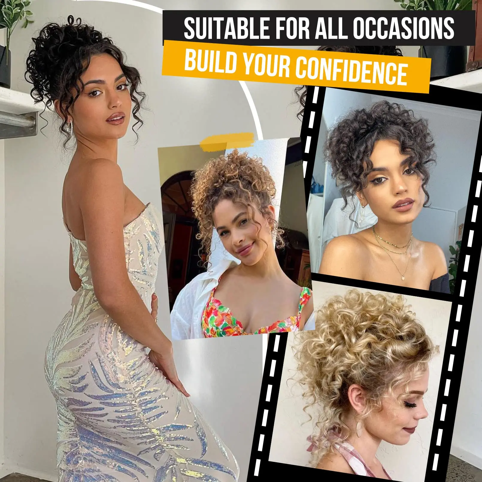 Synthetic Messy Bun Hair Piece Elastic Drawstring Loose Wave Curly Extensions for Women Dark Brown