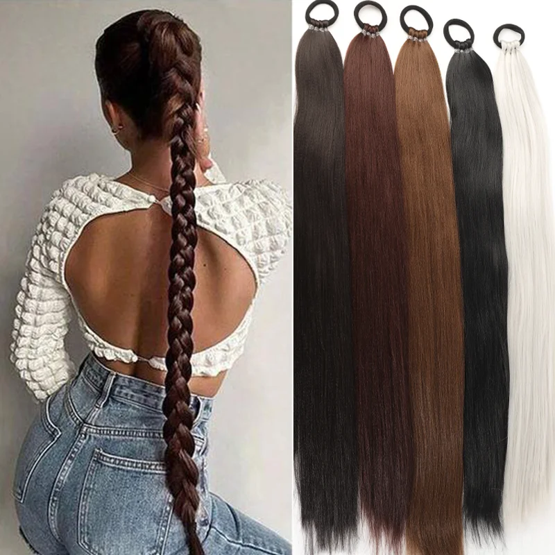 Synthetic Long 28-Inch Ponytail Extensions with Elastic Band Versatile DIY Braided for Women and Girls