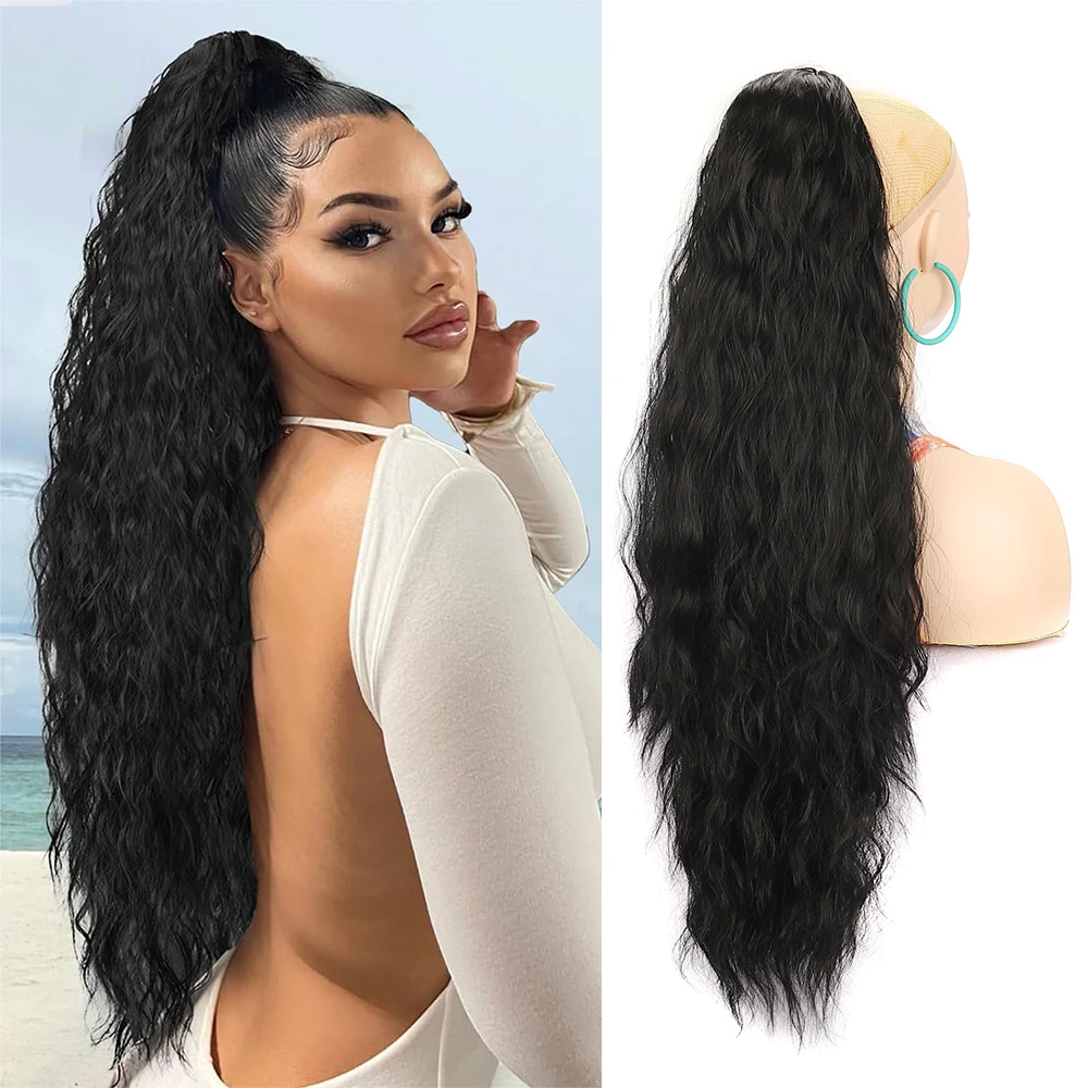 Ponytail Extension Extra Long Drawstring Wavy Curly Black Brown Synthetic Hairpiece for Women