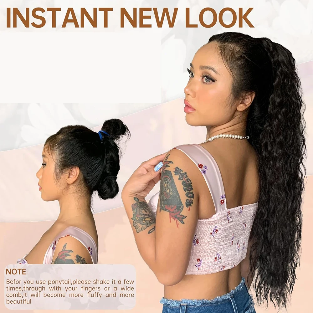 Ponytail Extension Extra Long Drawstring Wavy Curly Black Brown Synthetic Hairpiece for Women
