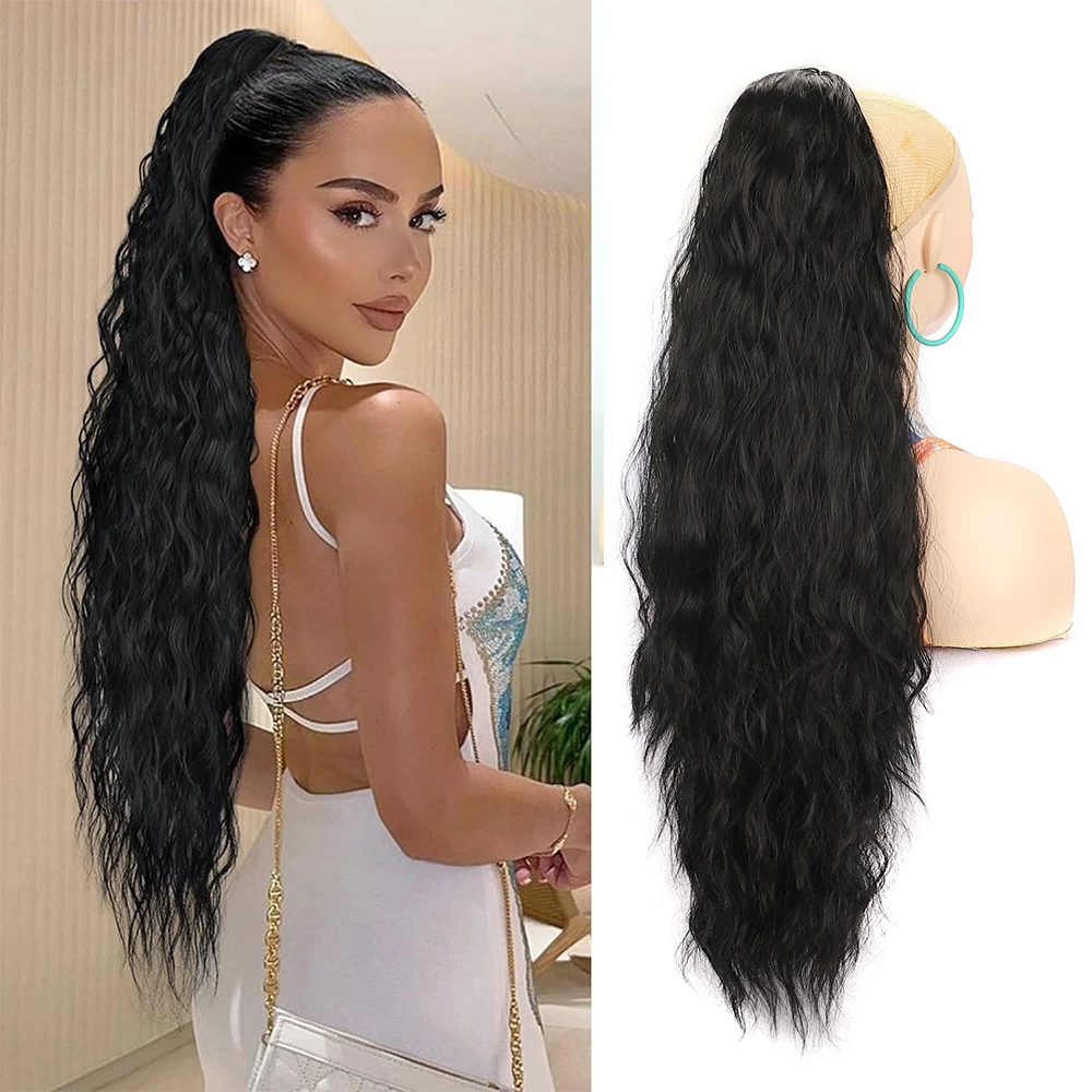 Ponytail Extension Extra Long Drawstring Wavy Curly Black Brown Synthetic Hairpiece for Women