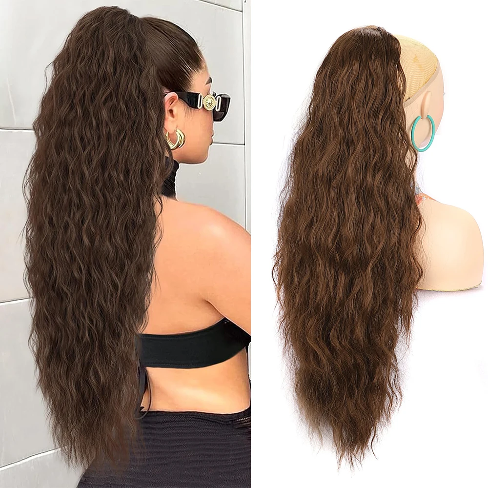 Ponytail Extension Extra Long Drawstring Wavy Curly Black Brown Synthetic Hairpiece for Women