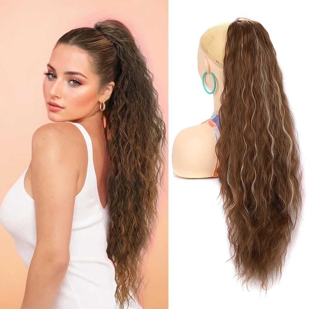 Ponytail Extension Extra Long Drawstring Wavy Curly Black Brown Synthetic Hairpiece for Women