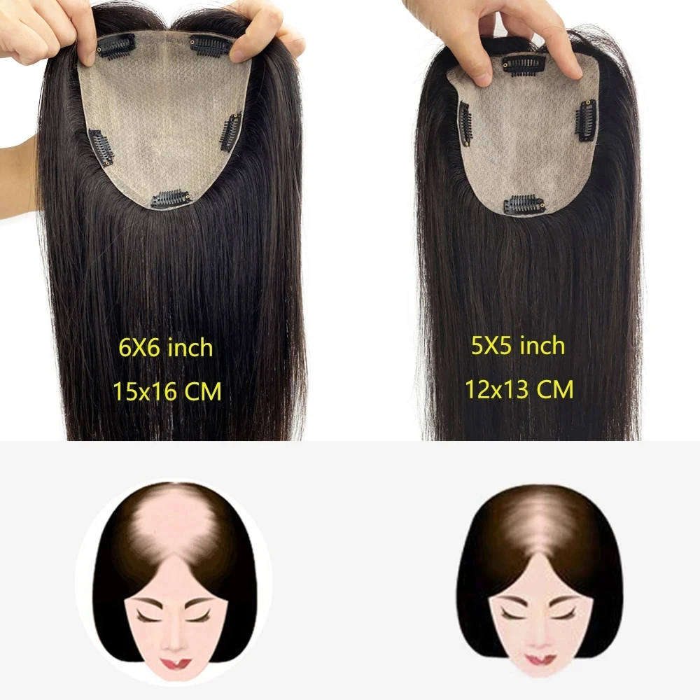 Long Virgin European Human Hair Topper Silk Base for Women Natural Black Toupee Hair Piece