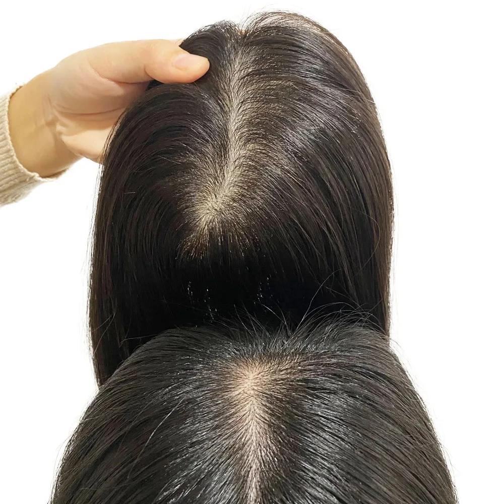 Long Virgin European Human Hair Topper Silk Base for Women Natural Black Toupee Hair Piece
