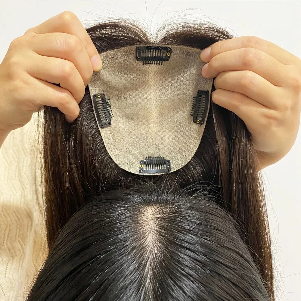 Long Virgin European Human Hair Topper Silk Base for Women Natural Black Toupee Hair Piece