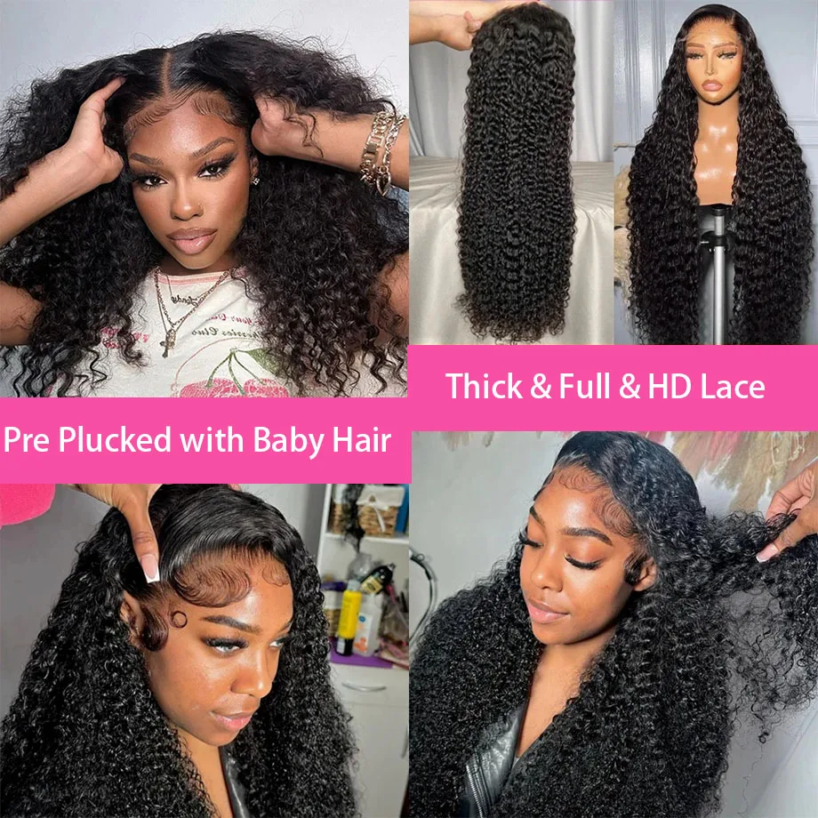 High Density Black Curly HD Transparent Lace Frontal Wig Deep Water Wave Brazilian Human Hair for Women