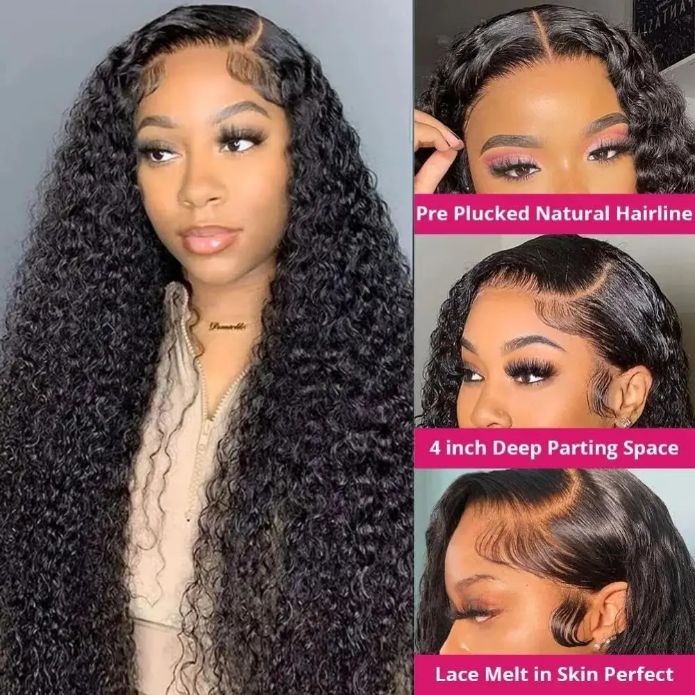 High Density Black Curly HD Transparent Lace Frontal Wig Deep Water Wave Brazilian Human Hair for Women