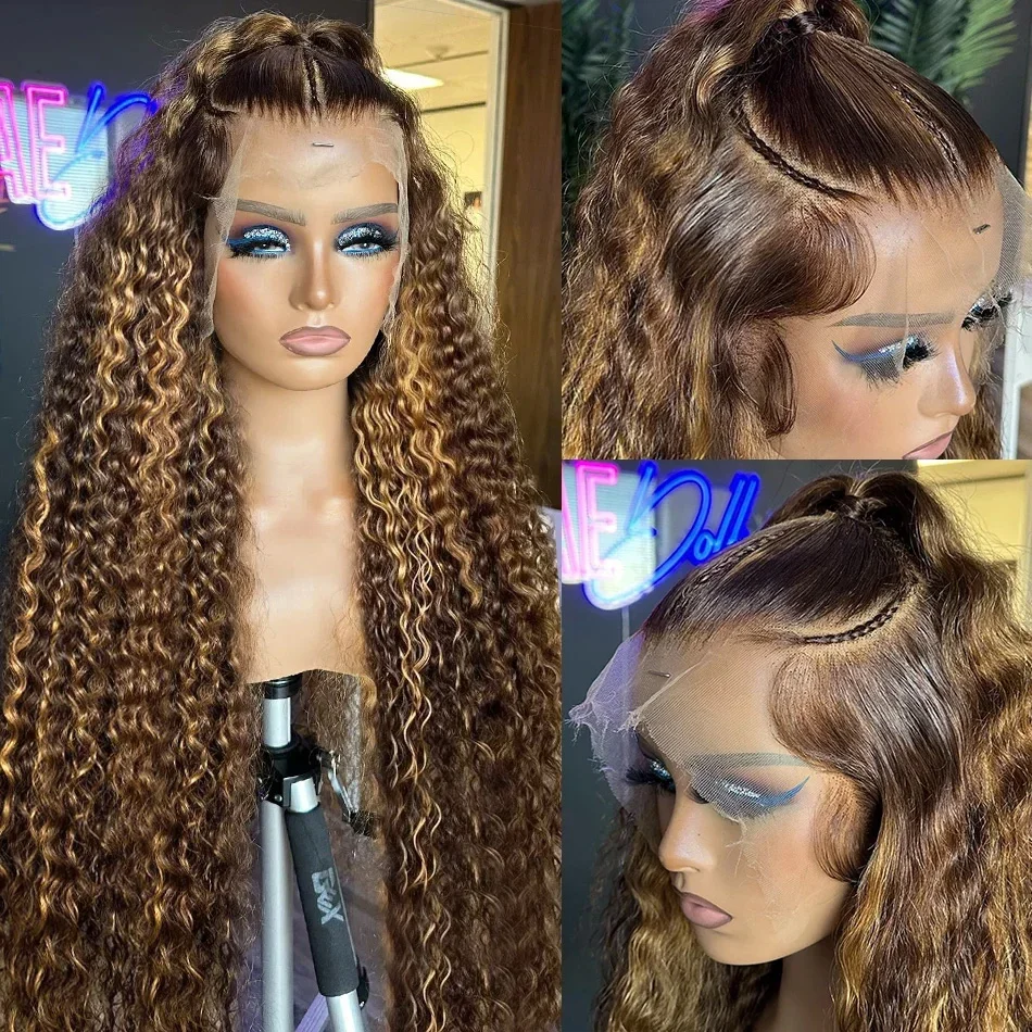Highlight Ombre Curly 200 Density Human Hair Lace Frontal Remy Deep Wave Wig for Women