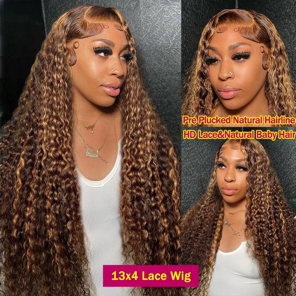 Highlight Ombre Curly 200 Density Human Hair Lace Frontal Remy Deep Wave Wig for Women