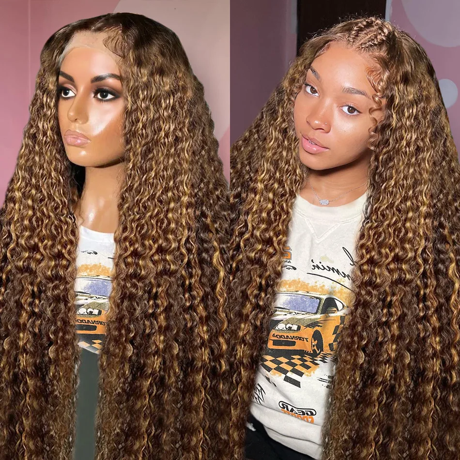 Highlight Ombre Curly 200 Density Human Hair Lace Frontal Remy Deep Wave Wig for Women
