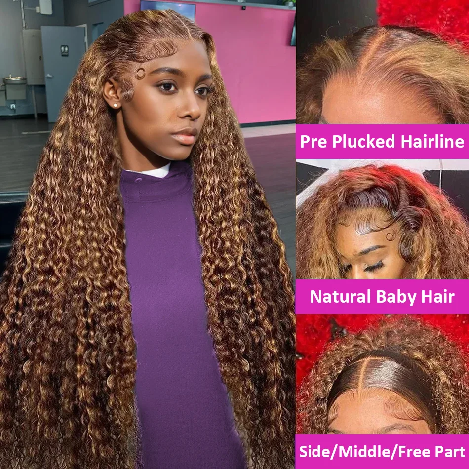 Highlight Ombre Curly 200 Density Human Hair Lace Frontal Remy Deep Wave Wig for Women
